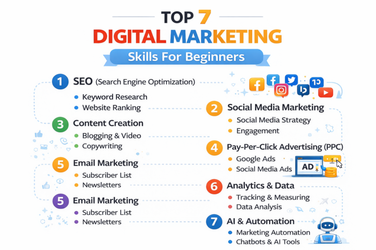 This picture shows the top 7 digital marketing skills every beginner should learn in 2026.