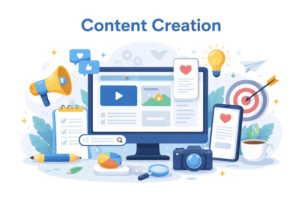 Simple illustration of content creation tools with computer, camera, smartphone, and marketing icons.